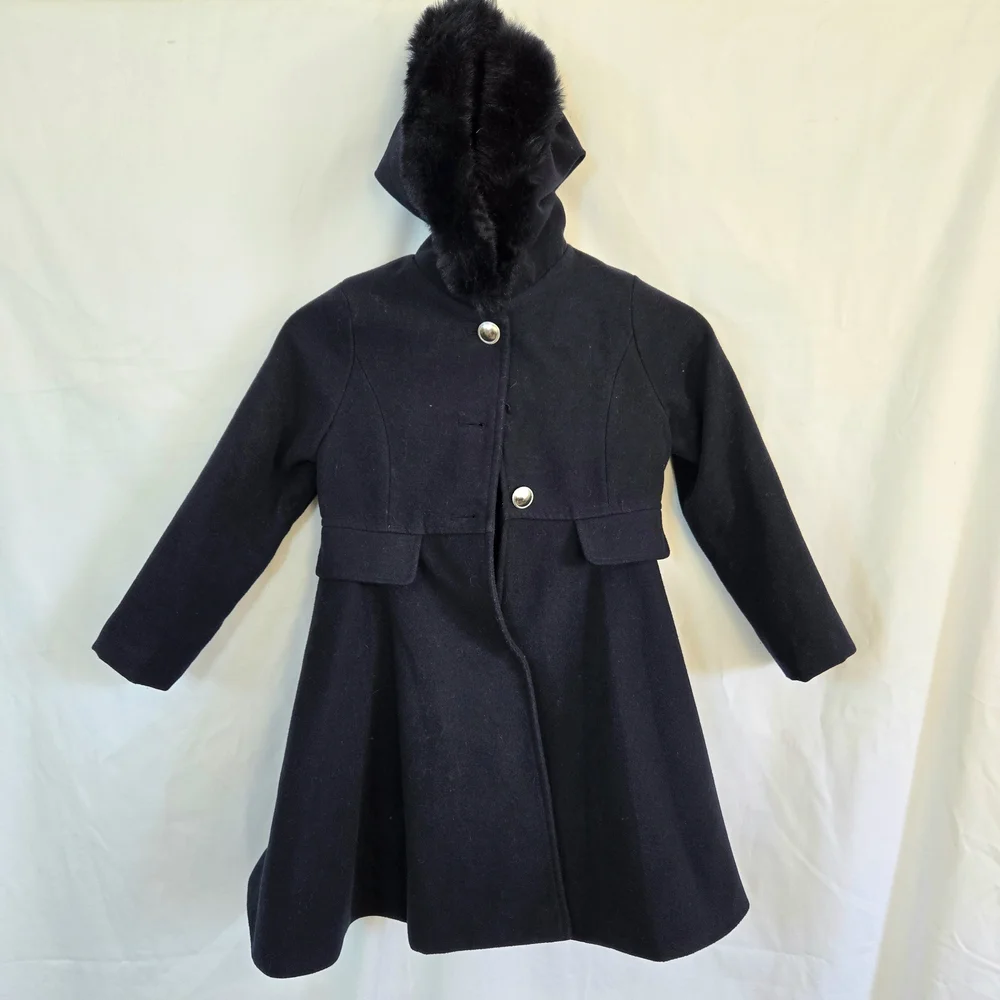 Rothschild & Co Girls Navy Blue Hooded Faux Fur Trim Lined Swing Pea‎ Coat Sz 6